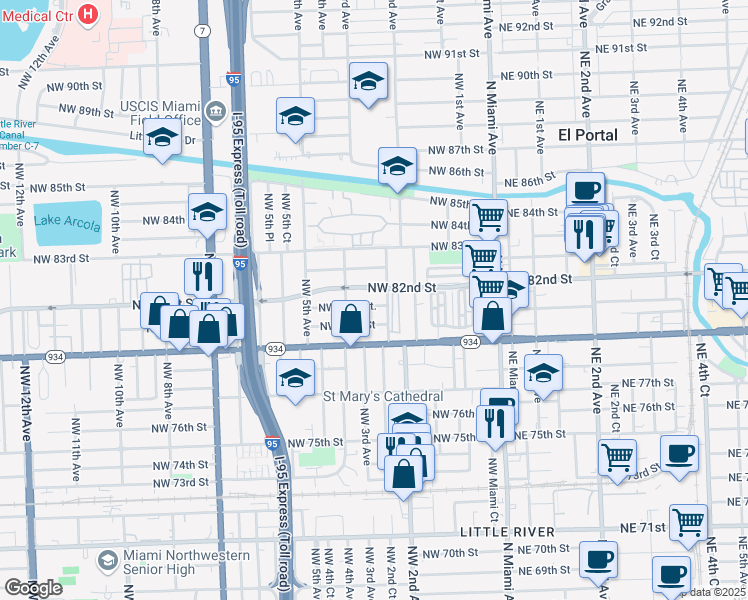 map of restaurants, bars, coffee shops, grocery stores, and more near 8226 Northwest 2nd Court in Miami