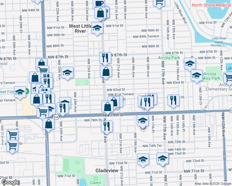 map of restaurants, bars, coffee shops, grocery stores, and more near 2101 Northwest 82nd Street in Miami