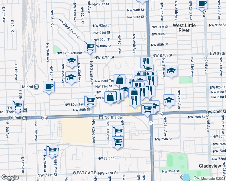 map of restaurants, bars, coffee shops, grocery stores, and more near 3030 Northwest 83rd Street in Miami