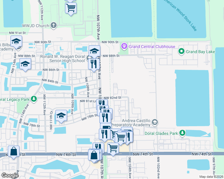 map of restaurants, bars, coffee shops, grocery stores, and more near 10472 Northwest 82nd Street in Doral