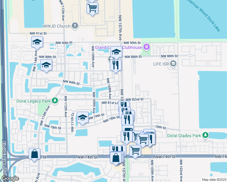 map of restaurants, bars, coffee shops, grocery stores, and more near 10763 Northwest 83rd Terrace in Doral