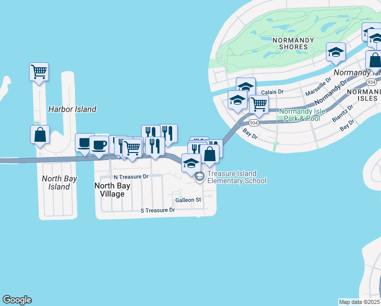 map of restaurants, bars, coffee shops, grocery stores, and more near 1865 79th Street Causeway in North Bay Village