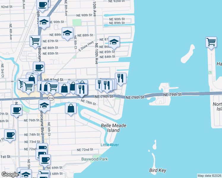map of restaurants, bars, coffee shops, grocery stores, and more near 8000 North Bayshore Drive in Miami