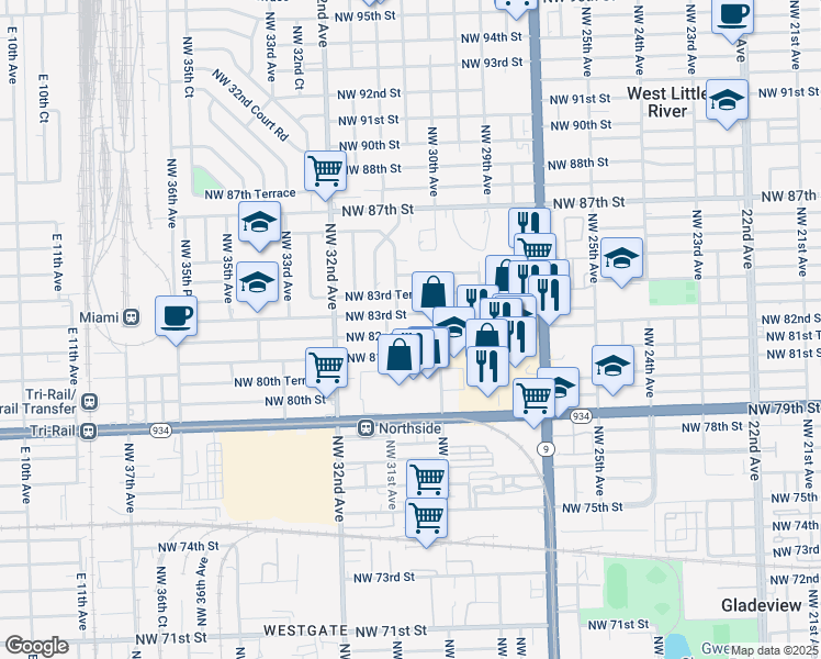 map of restaurants, bars, coffee shops, grocery stores, and more near 3030 Northwest 83rd Street in Miami