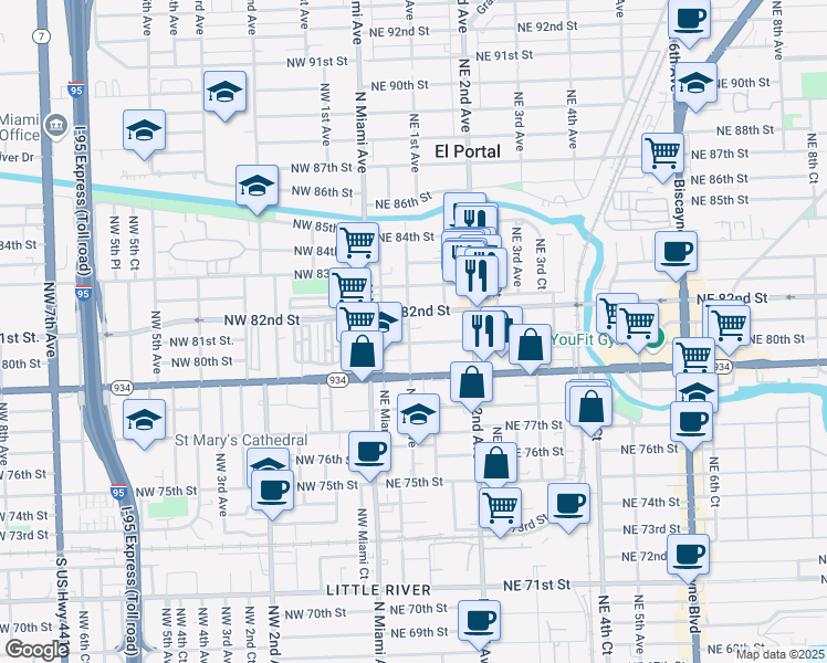 map of restaurants, bars, coffee shops, grocery stores, and more near 8057 Northeast 1st Avenue in Miami