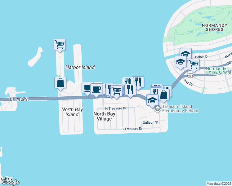 map of restaurants, bars, coffee shops, grocery stores, and more near 1601 79th Street Causeway in North Bay Village