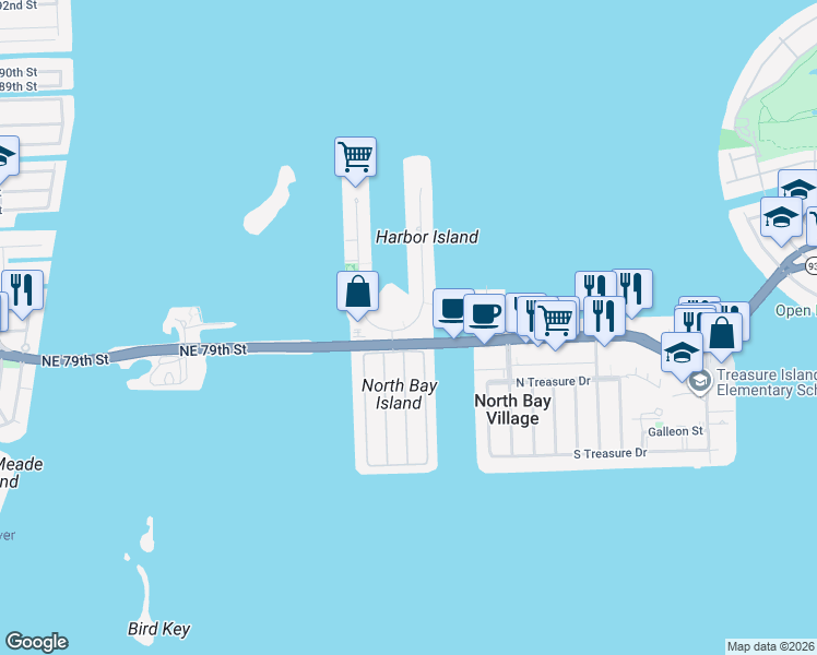 map of restaurants, bars, coffee shops, grocery stores, and more near in North Bay Village