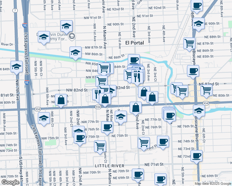 map of restaurants, bars, coffee shops, grocery stores, and more near 46 Northeast 82nd Street in Miami