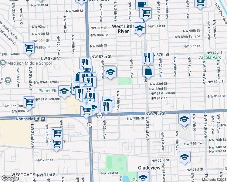 map of restaurants, bars, coffee shops, grocery stores, and more near 2413 Northwest 82nd Street in Miami