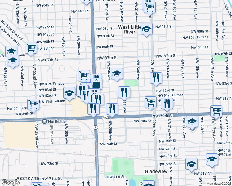 map of restaurants, bars, coffee shops, grocery stores, and more near 2475 Northwest 82nd Street in Miami