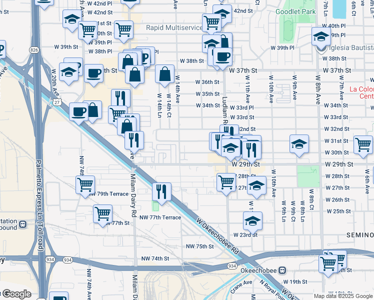 map of restaurants, bars, coffee shops, grocery stores, and more near 1383 13th Court in Hialeah