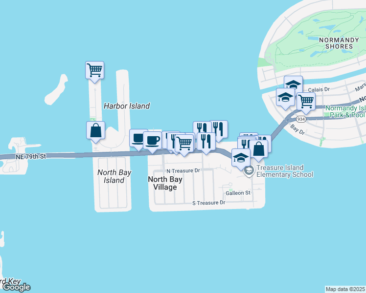 map of restaurants, bars, coffee shops, grocery stores, and more near 1601 79th Street Causeway in North Bay Village