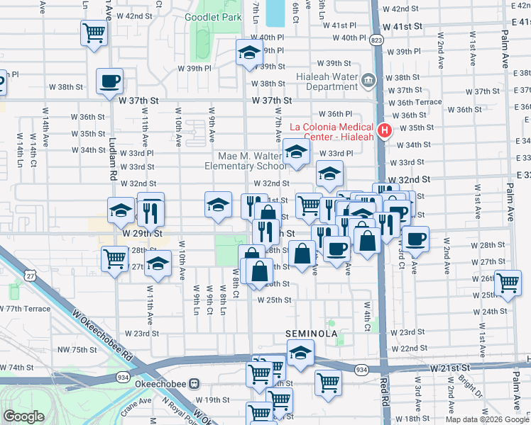 map of restaurants, bars, coffee shops, grocery stores, and more near 700 West 31st Street in Hialeah