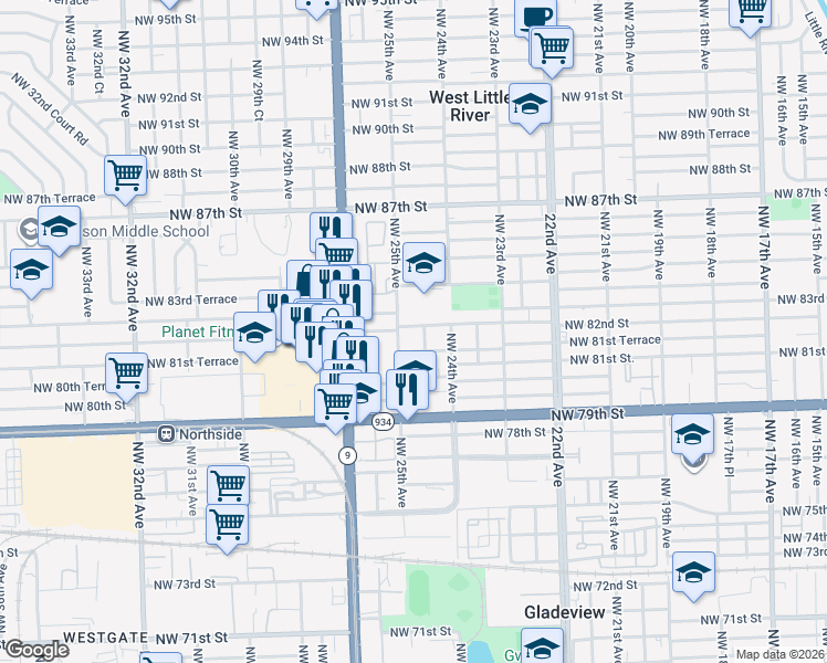 map of restaurants, bars, coffee shops, grocery stores, and more near 2475 Northwest 82nd Street in Miami