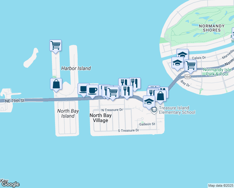 map of restaurants, bars, coffee shops, grocery stores, and more near 1625 John F Kennedy Causeway in North Bay Village
