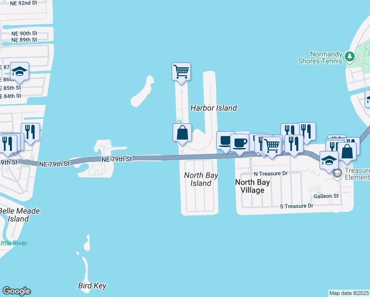 map of restaurants, bars, coffee shops, grocery stores, and more near 7908 West Drive in North Bay Village