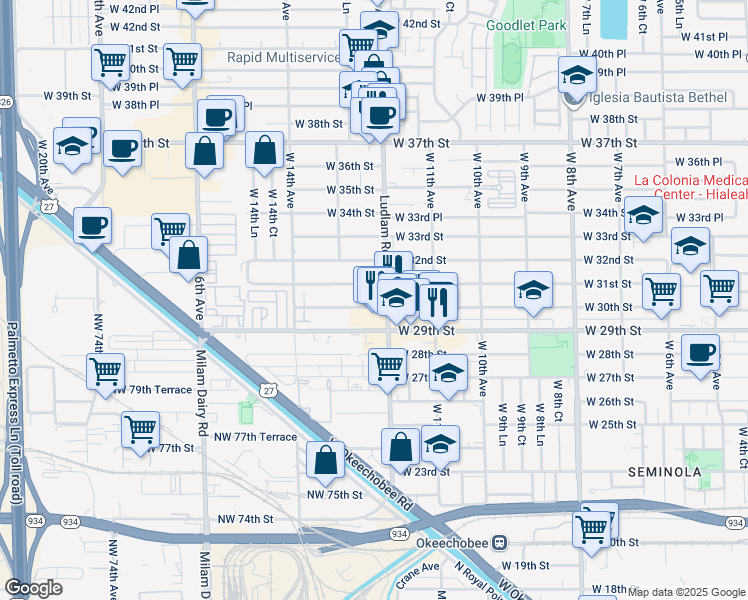 map of restaurants, bars, coffee shops, grocery stores, and more near 1225 West 30th Street in Hialeah
