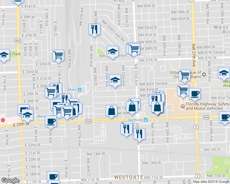map of restaurants, bars, coffee shops, grocery stores, and more near 3402 Northwest 83rd Street in Miami