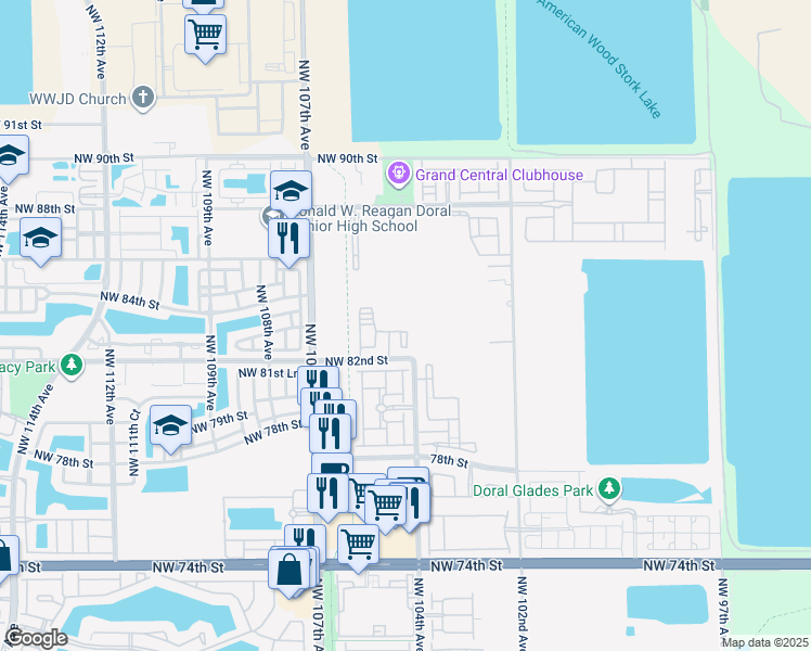 map of restaurants, bars, coffee shops, grocery stores, and more near 10419 Northwest 82nd Street in Doral
