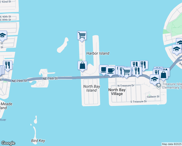 map of restaurants, bars, coffee shops, grocery stores, and more near in North Bay Village