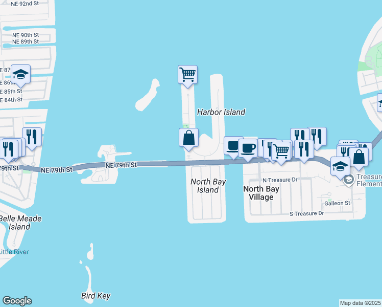 map of restaurants, bars, coffee shops, grocery stores, and more near 7908 West Drive in North Bay Village