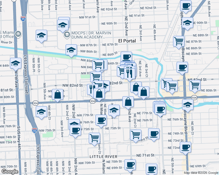 map of restaurants, bars, coffee shops, grocery stores, and more near 46 Northeast 82nd Street in Miami