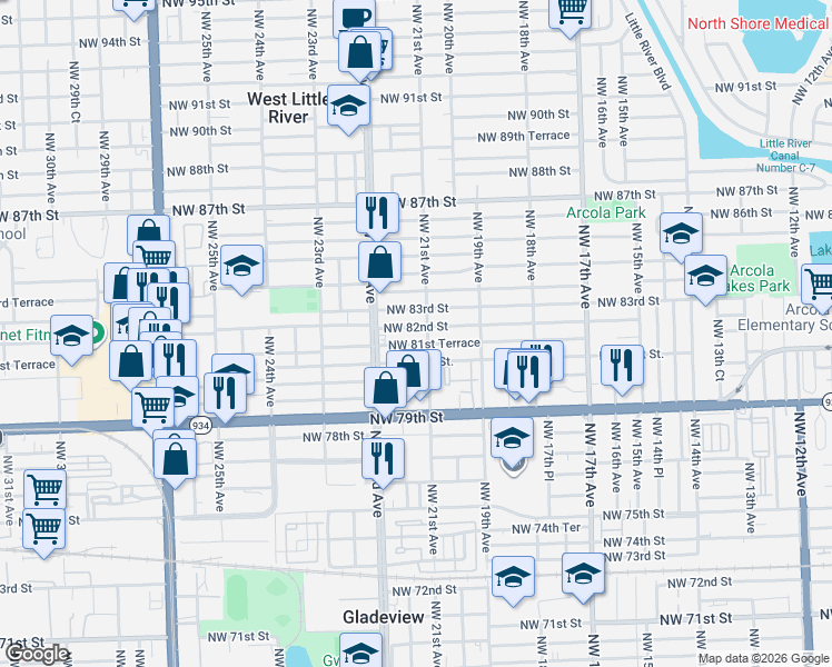 map of restaurants, bars, coffee shops, grocery stores, and more near 2101 Northwest 82nd Street in Miami