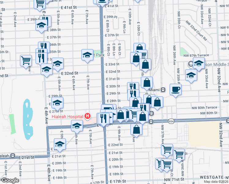 map of restaurants, bars, coffee shops, grocery stores, and more near 864 East 30th Street in Hialeah