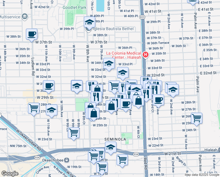 map of restaurants, bars, coffee shops, grocery stores, and more near 626 West 31st Street in Hialeah