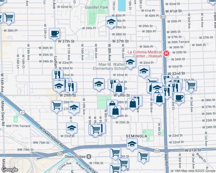 map of restaurants, bars, coffee shops, grocery stores, and more near 780 West 31st Street in Hialeah