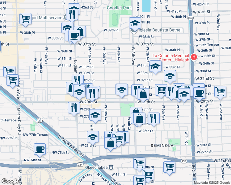 map of restaurants, bars, coffee shops, grocery stores, and more near 928 West 31st Street in Hialeah