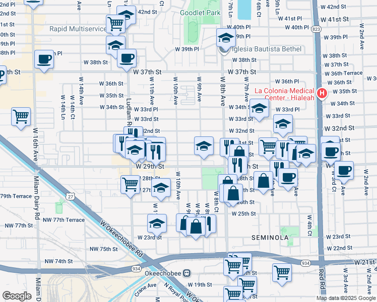 map of restaurants, bars, coffee shops, grocery stores, and more near 928 West 31st Street in Hialeah