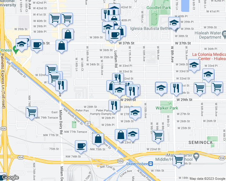 map of restaurants, bars, coffee shops, grocery stores, and more near 1225 West 30th Street in Hialeah