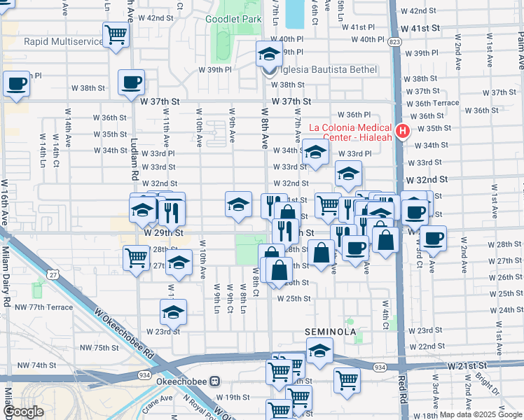 map of restaurants, bars, coffee shops, grocery stores, and more near 780 West 31st Street in Hialeah