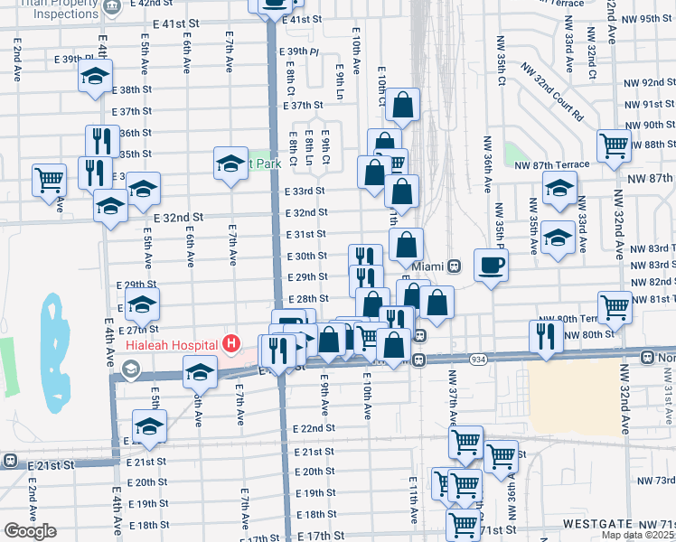 map of restaurants, bars, coffee shops, grocery stores, and more near 935 East 29th Street in Hialeah