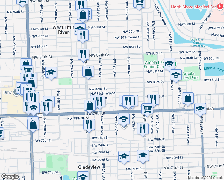 map of restaurants, bars, coffee shops, grocery stores, and more near 1939 Northwest 82nd Street in Miami