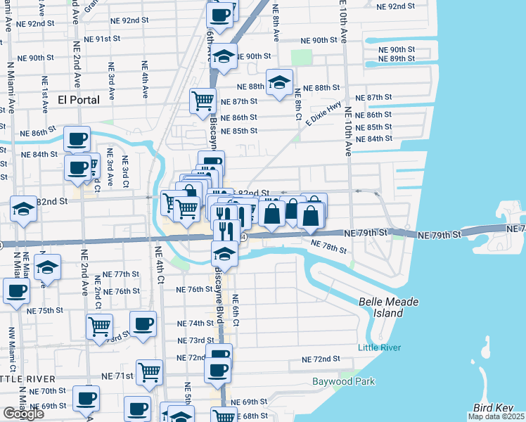 map of restaurants, bars, coffee shops, grocery stores, and more near 730 Northeast 81st Street in Miami
