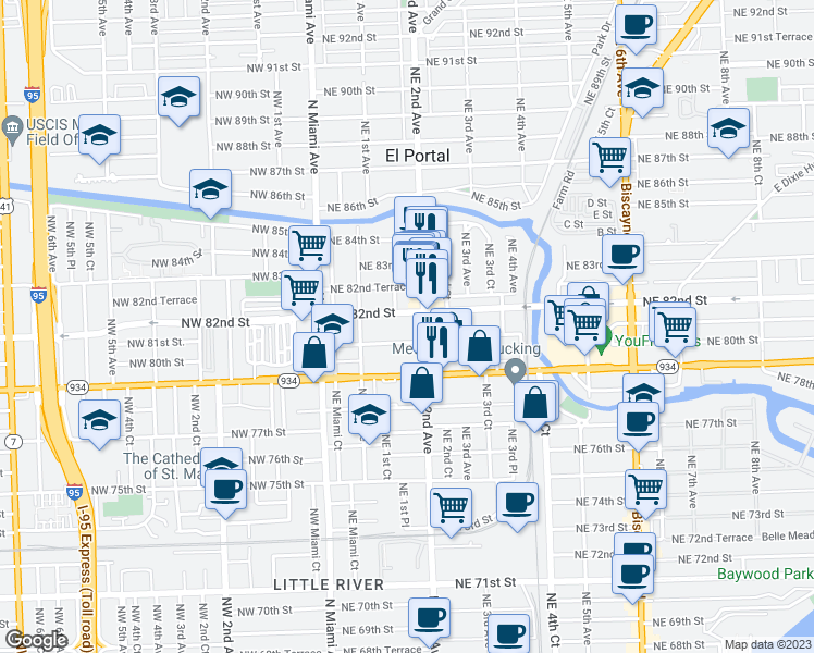 map of restaurants, bars, coffee shops, grocery stores, and more near 8038 Northeast 2nd Avenue in Miami