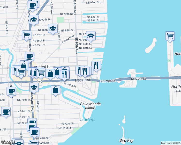 map of restaurants, bars, coffee shops, grocery stores, and more near 1150 Northeast 81st Street in Miami