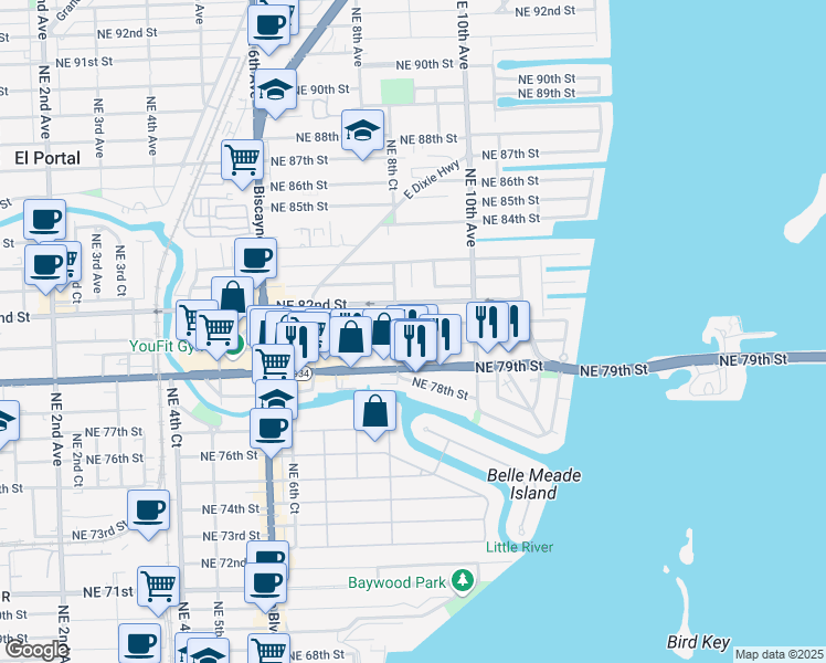 map of restaurants, bars, coffee shops, grocery stores, and more near 848 Northeast 81st Street in Miami