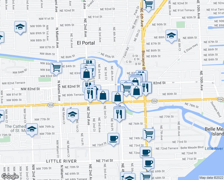 map of restaurants, bars, coffee shops, grocery stores, and more near 360 Northeast 82nd Street in Miami
