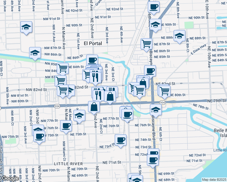map of restaurants, bars, coffee shops, grocery stores, and more near 360 Northeast 82nd Street in Miami