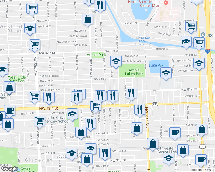 map of restaurants, bars, coffee shops, grocery stores, and more near 8152 Northwest 14th Place in Miami
