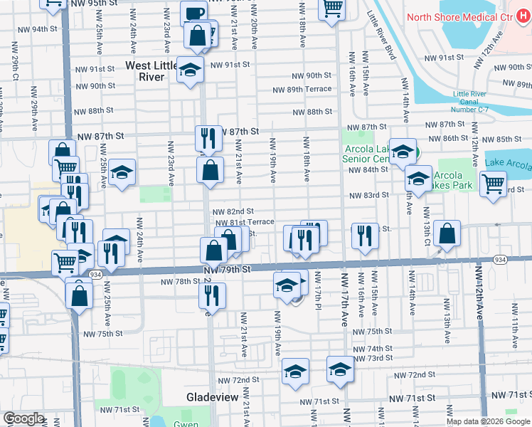 map of restaurants, bars, coffee shops, grocery stores, and more near 1939 Northwest 82nd Street in Miami