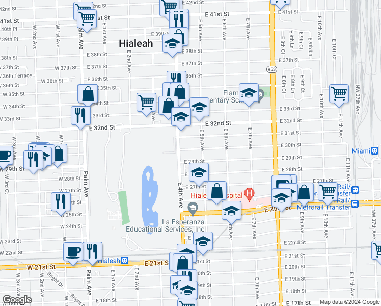 map of restaurants, bars, coffee shops, grocery stores, and more near 14 East 30th Street in Hialeah