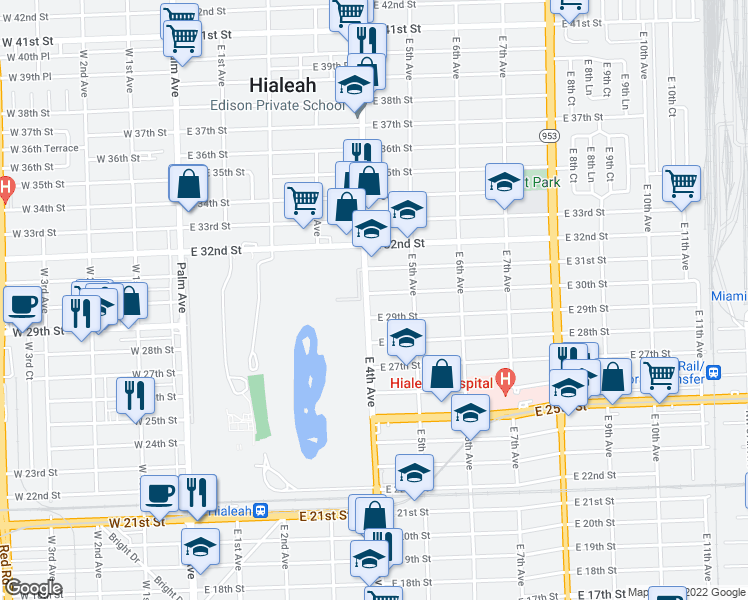 map of restaurants, bars, coffee shops, grocery stores, and more near 14 East 30th Street in Hialeah