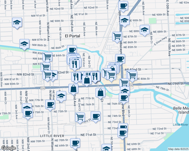 map of restaurants, bars, coffee shops, grocery stores, and more near 360 Northeast 82nd Street in Miami