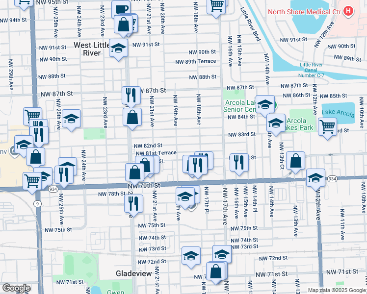 map of restaurants, bars, coffee shops, grocery stores, and more near 1876 Northwest 82nd Street in Miami