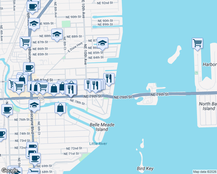 map of restaurants, bars, coffee shops, grocery stores, and more near 1150 Northeast 81st Street in Miami