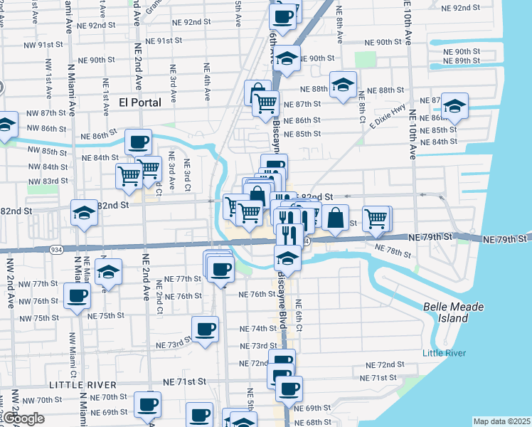 map of restaurants, bars, coffee shops, grocery stores, and more near 567b Northeast 81st Street in Miami